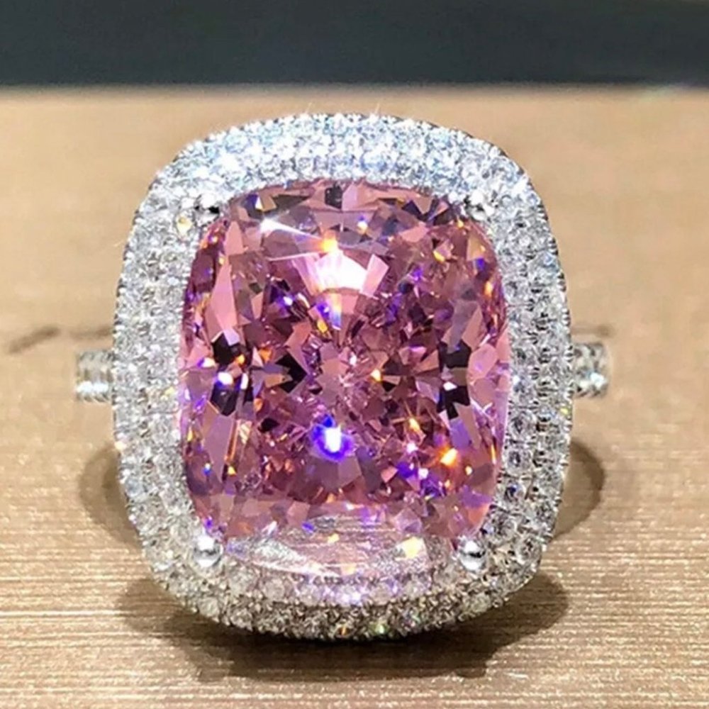 PINK SILVER DIAMOND BRIDAL RING - Picture 1 of 6